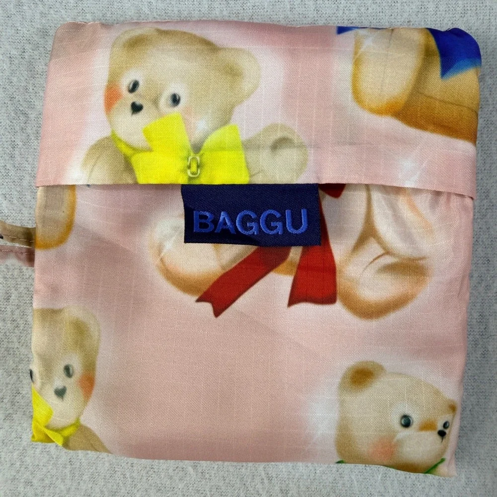 BAGGU Standard Reusable Bag Pink Teddy Bear Bows Ripstop Nylon Tote Foldable